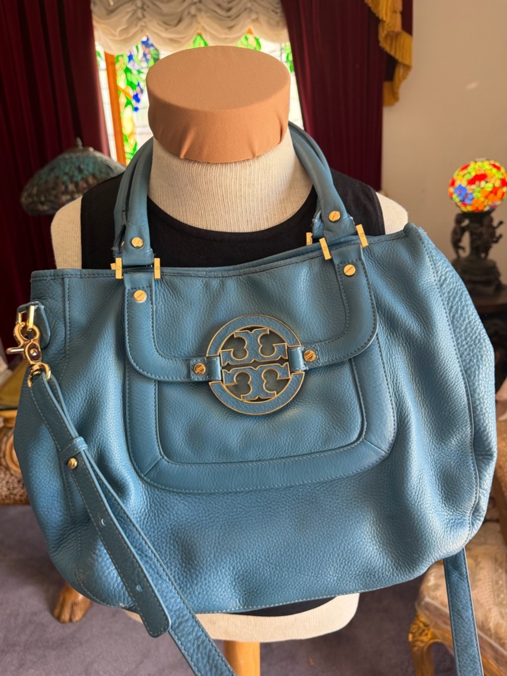 Tory Burch Blue Teal Pebbled Leather Shoulder Bag with Gold Logo